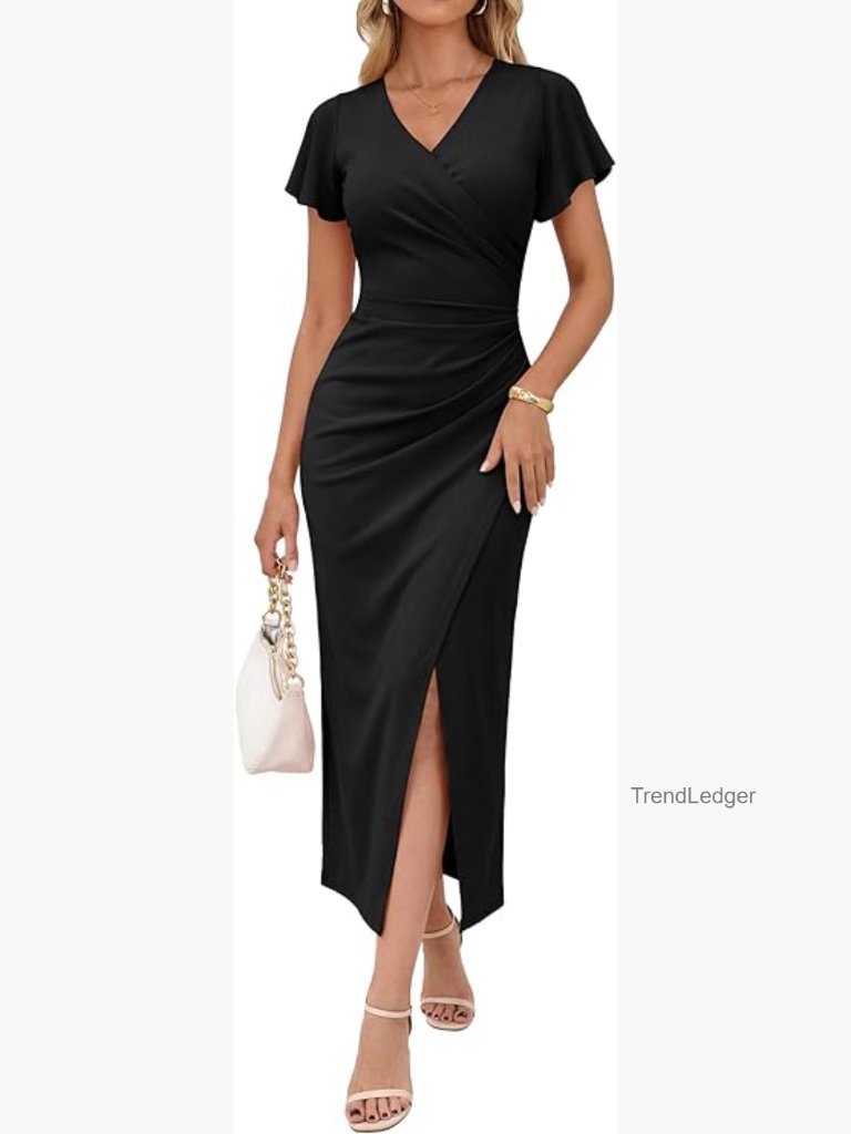 Sexy V Neck Faux Wrap Bodycon Ruched Side Slit Maxi Dress